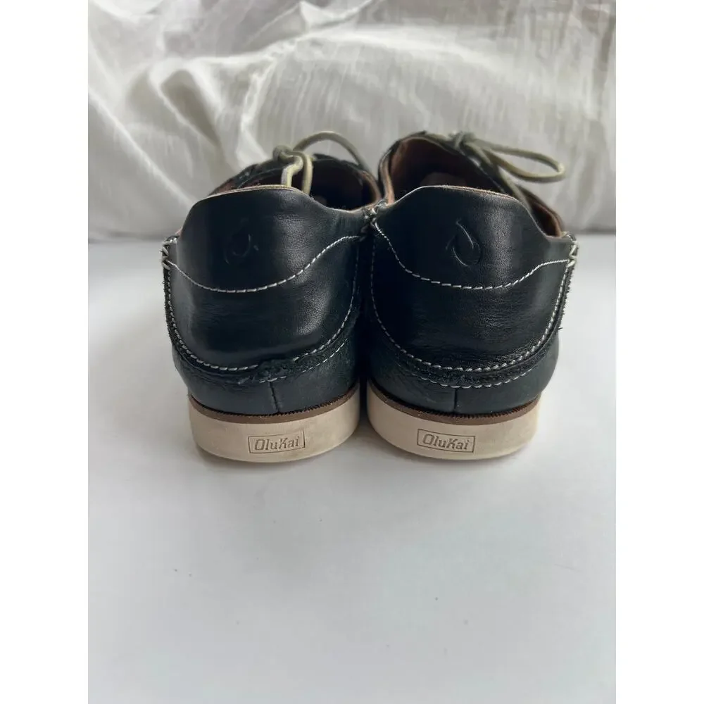 OluKai Moku Men's Black Leather Boat Shoes - Size 10.5 - Excellent Tread
